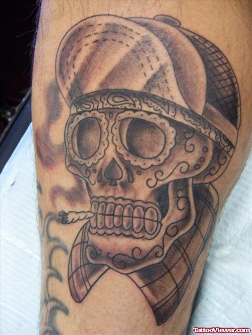 Awesome Grey Ink Smoking Gangsta Skull Tattoo