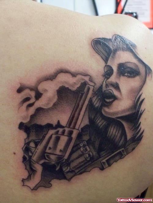 Amazing Grey Ink Gangsta Tattoo On Back Shoulder