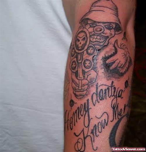 Special Grey Ink Gangsta Tattoo On Left Sleeve