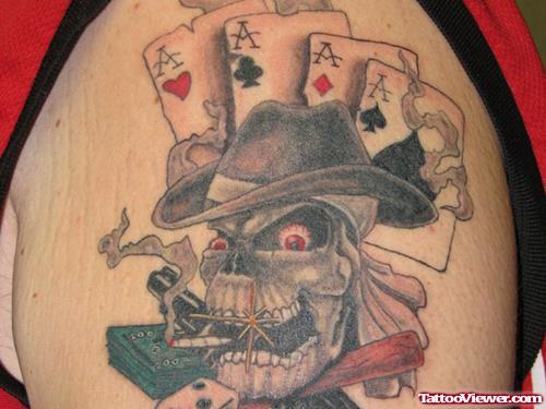 Smoking Skull And Cards Gangsta Tattoo On Left Shoulder