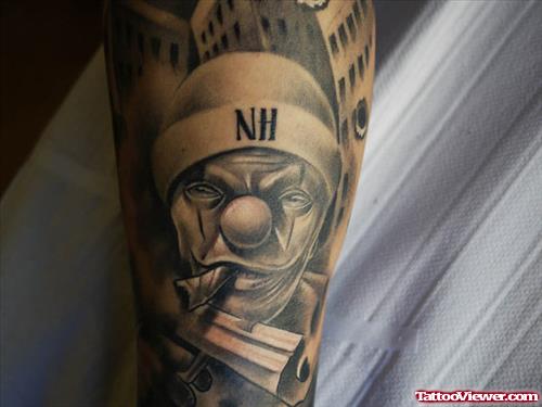 Grey Ink Smoking Gangsta Tattoo On Arm