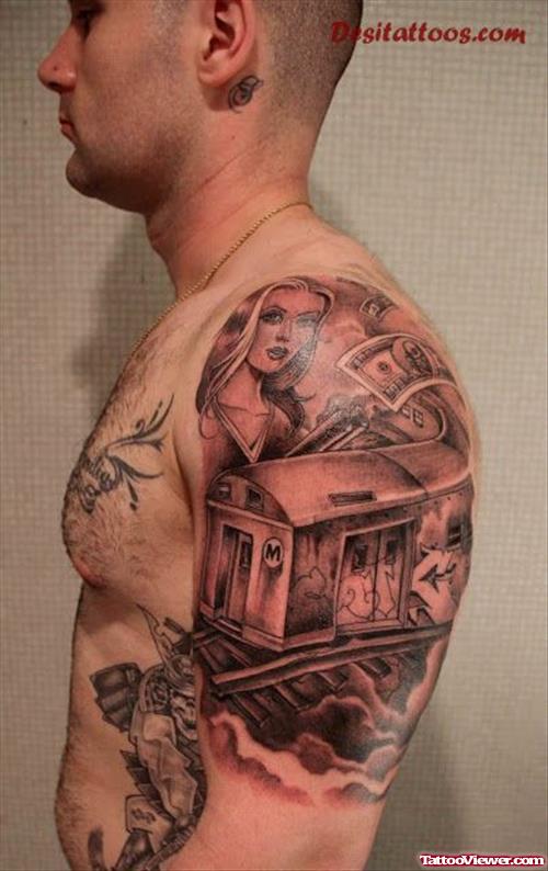 Grey Ink Left Shoulder Gangster Tattoo