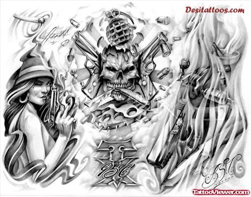 Grey Ink Girl With Gangster Tattoos Design