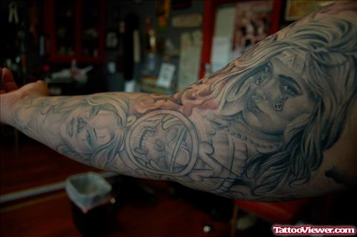 Gangster Tattoo On Left Sleeve
