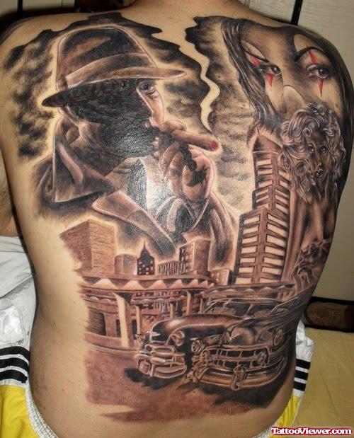 Unique Grey Ink Gangsta Tattoo On Man Back Body