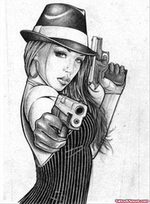 Pinupgirl Shooting With Guns Gangsta Tattoo Design