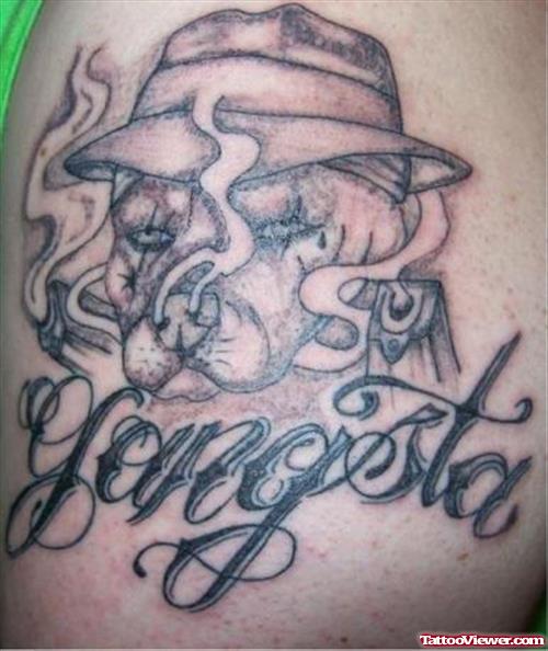 Grey Ink Smoking Dog Gangsta Tattoo On Shoulder