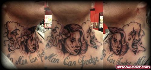 Grey Ink Girl And Clown Head Gangsta Tattoos On Chest