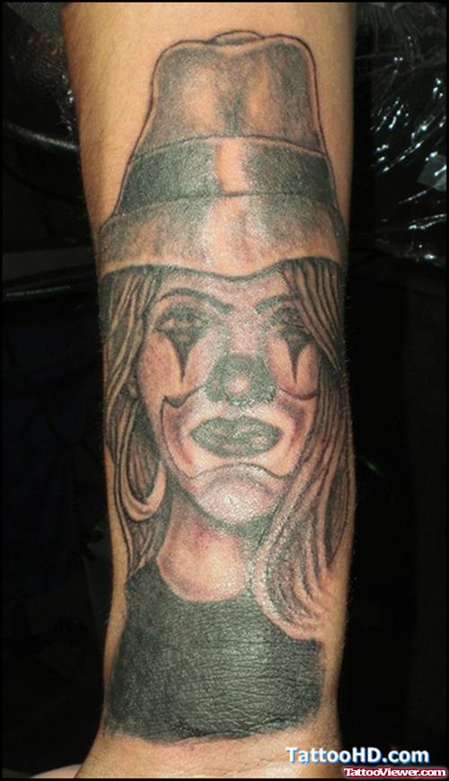 Grey Ink Gangster Clown Girl Tattoo On Arm