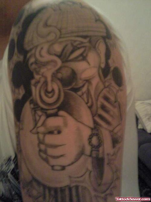 Grey Ink Gangsta With Gun Tattoo On Half Sleeve