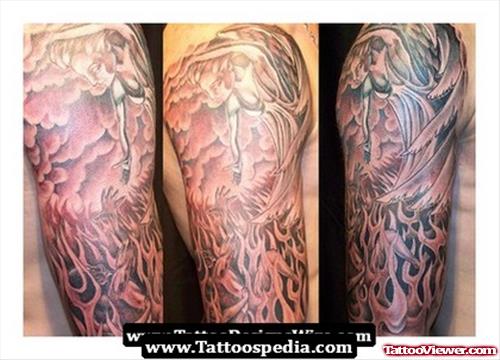Grey Ink Gangsta Tattoo On Right Half Sleeve