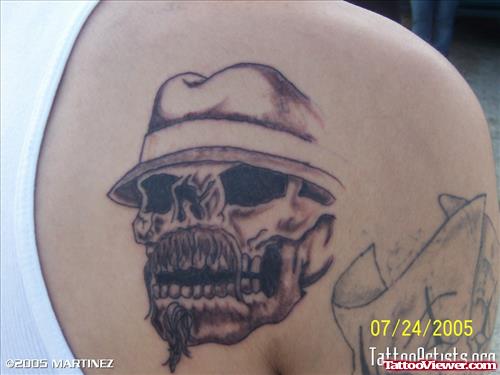 Grey Ink Gangsta Skull Tattoo On Right Back Shoulder