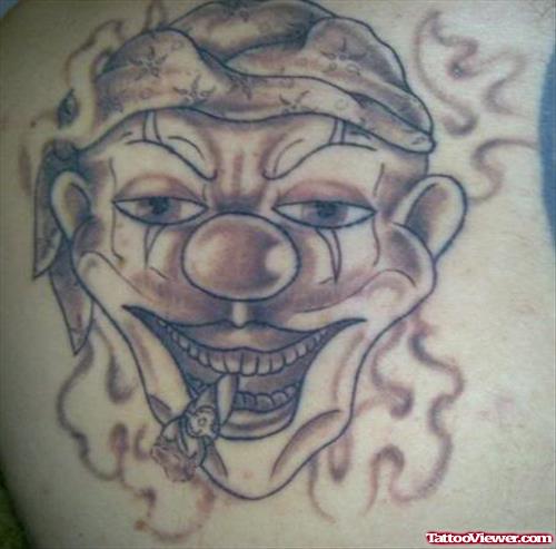 Grey Ink Clown Gangster Tattoo On Back