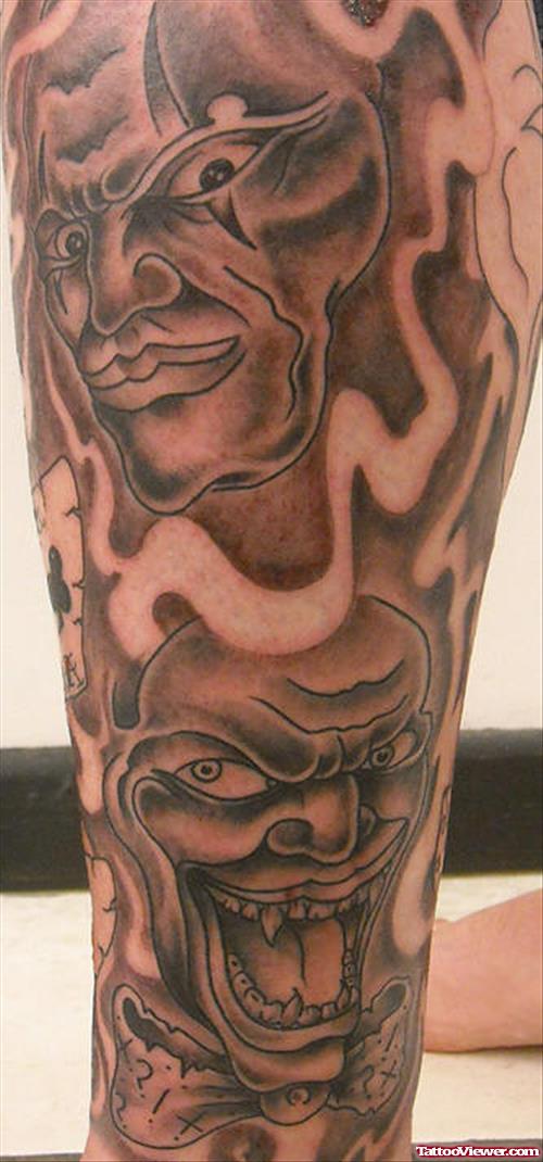 Grey Ink Clown Face Gangster Tattoo On Arm