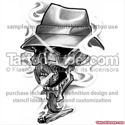 Grey Ink Skull With Hat Gangsta Tattoo Design