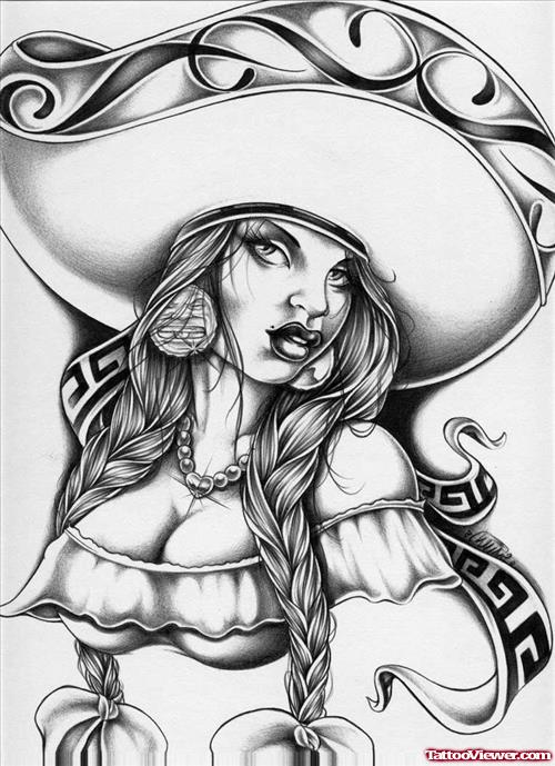 Grey Ink Girl With Hat Tattoo Design