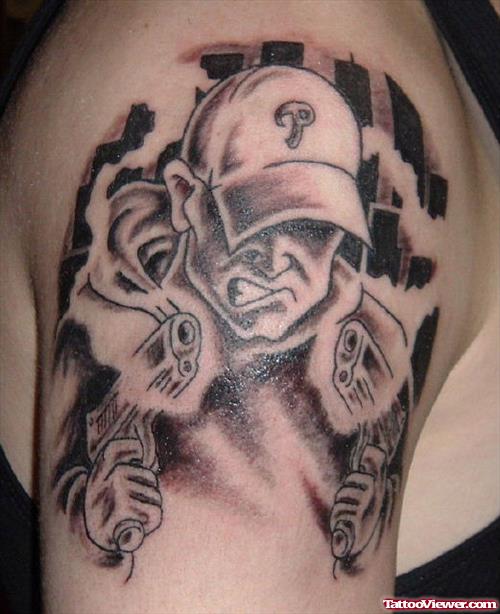 Grey Ink Gangster Tattoo On Right Shoulder
