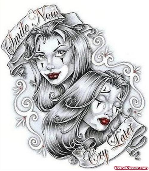 Grey Ink Gangster Clown Tattoo Design