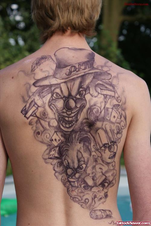 Grey Ink Gangsta Tattoo On Man Back Body