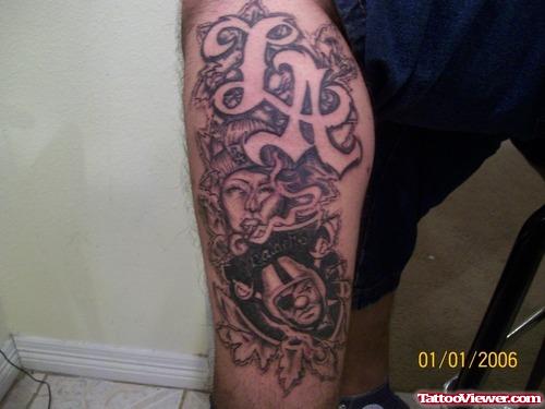 Grey ink Gangsta Tattoo On Leg