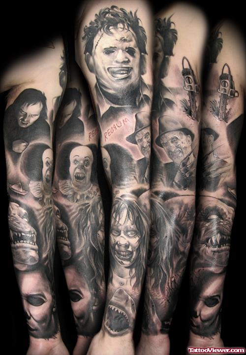 Grey Ink Gangsta Tattoo On full Sleeve