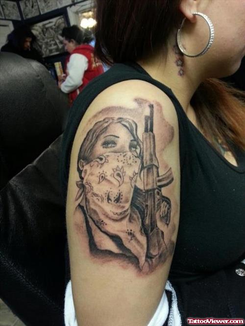 Grey Ink Gangsta Girl With Gun Tattoo