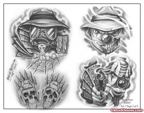 Grey Ink Clowns Gangsta Tattoo Design
