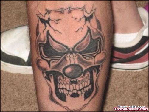 Awesome Grey Ink Gangster Tattoo On Left Leg
