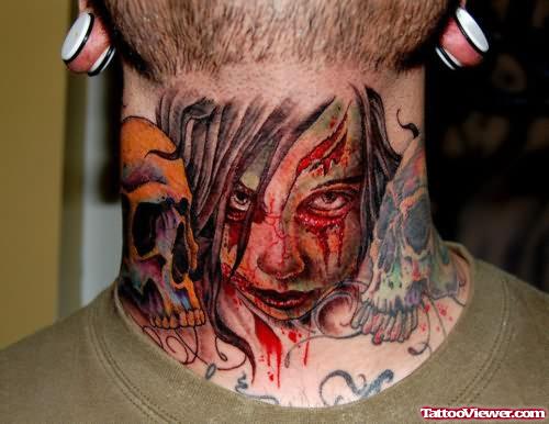 Awesome Color Ink Gangsta Tattoo On Neck