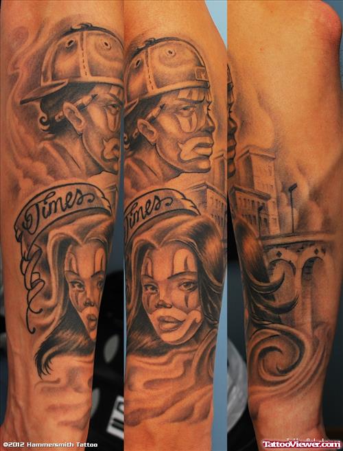 Unique Grey Ink Gangsta Tattoo On Sleeve