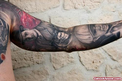 Unique Grey Ink Gangsta Tattoo On Left Sleeve