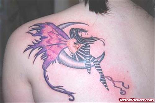 Moon And Gothic Fairy Gangsta Tattoo On Back Shoulder