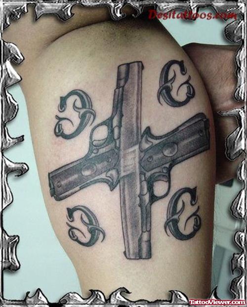 Grey Ink Gangster Tattoo On Leg
