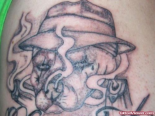 Grey Ink Gangsta Tattoo On Shoulder