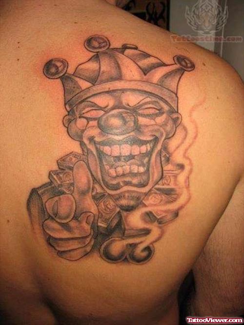 Grey Ink Gangsta Tattoo On Right Back Shoulder