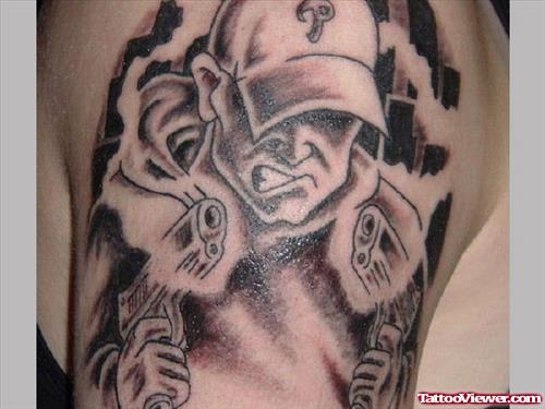 Grey Ink Gangsta Guy With Guns Tattoo