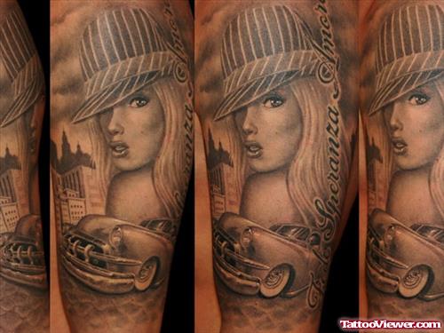 Grey Ink Gangsta Girl Tattoo On Sleeve