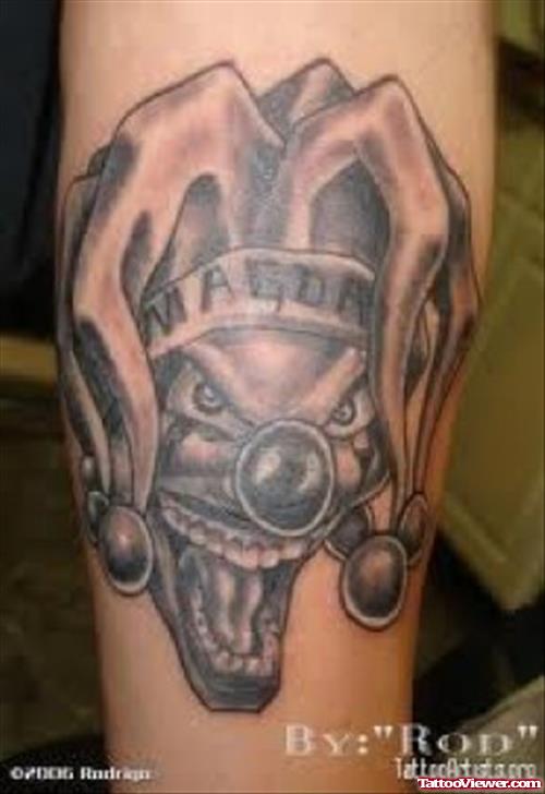 Grey Ink Clown Joker Gangsta Tattoo On Arm