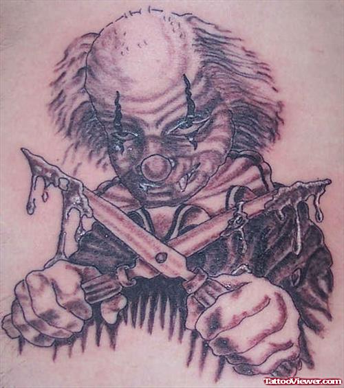 Grey Ink Clown Gangster With Knife Tattoo
