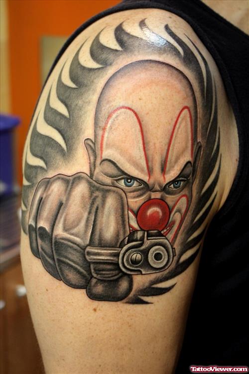Grey Ink Clown Gangsta Tattoo On Right Shoulder