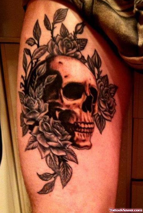 Grey Flowers And Gangsta Skull Tattoo
