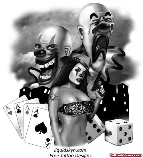 Gangster Clown Girl And Dice Tattoos Design