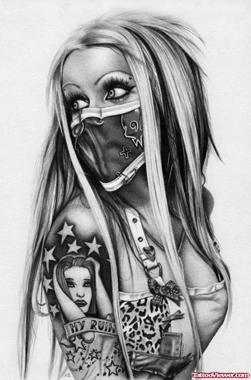 Gangsta Girl Head Tattoo On Right Shoulder