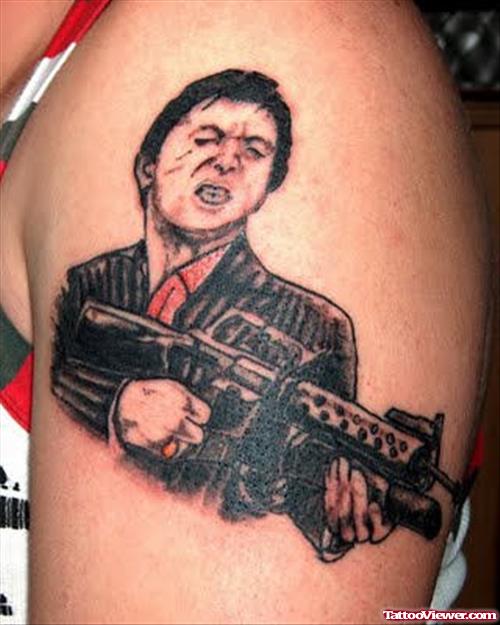 Grey Ink Gangsta Tattoo On Left Shoulder