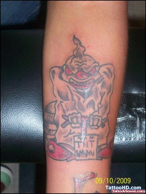 Grey Ink Gangsta Clown Tattoo On Arm