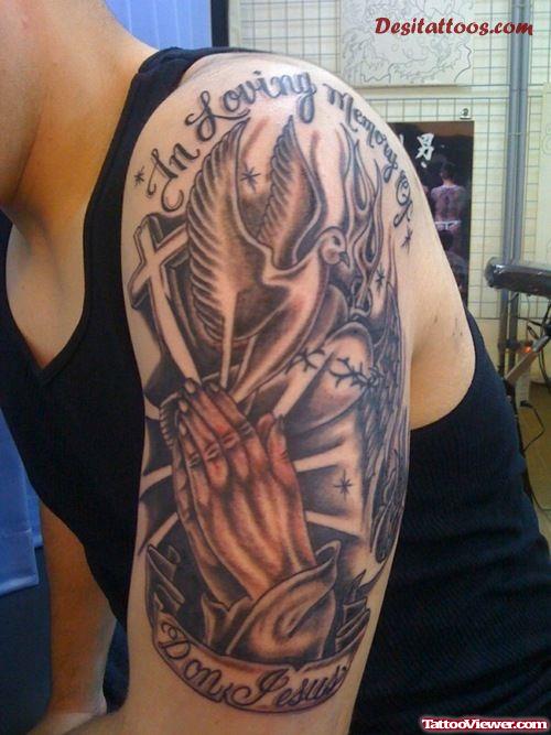 Grey Ink Gangsta And Praying Hands Tattoo On Left Half Sleeve