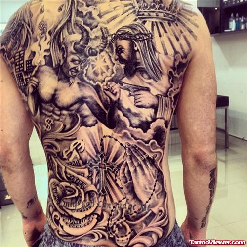 Special Grey Ink Gangsta Tattoo On Man Back Body