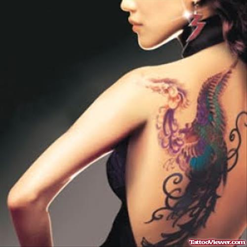 Colored Gangsta Tattoo On Girl Left Back Shoulder