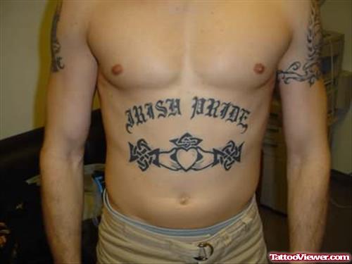 Ambigram Gangster Tattoo On Man Belly