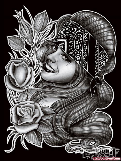 Rose Flower and Girl Head Gangster Tattoo